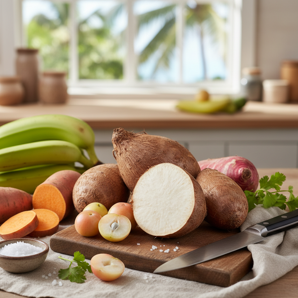 Illustration réaliste sur Alimentation en I : varier les saveurs avec des produits tropicaux