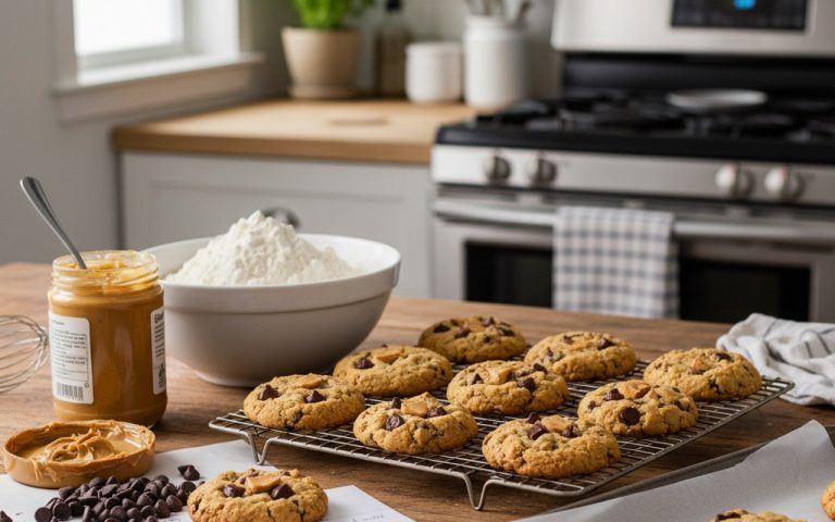 Cookies protéinés fraîchement cuits avec ingrédients visibles en cuisine.