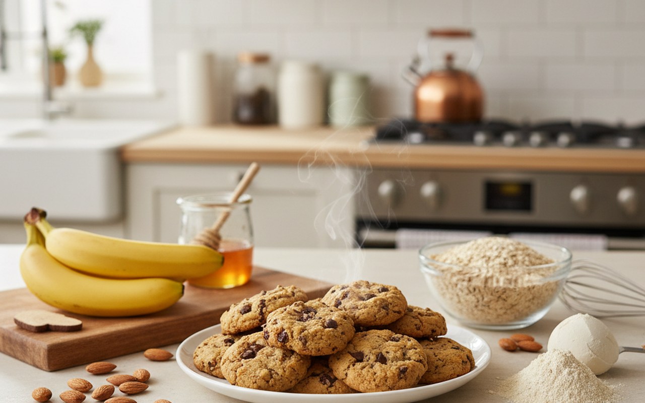 Cookies protéinés maison avec ingrédients sains en arrière-plan.