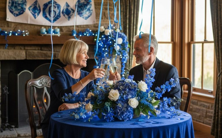 Couple célébrant 16 ans de mariage avec des décorations bleues symbolisant le saphir.