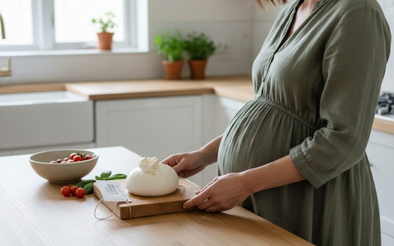 Femme enceinte vérifiant une burrata avec étiquette 'lait pasteurisé' dans une cuisine moderne.
