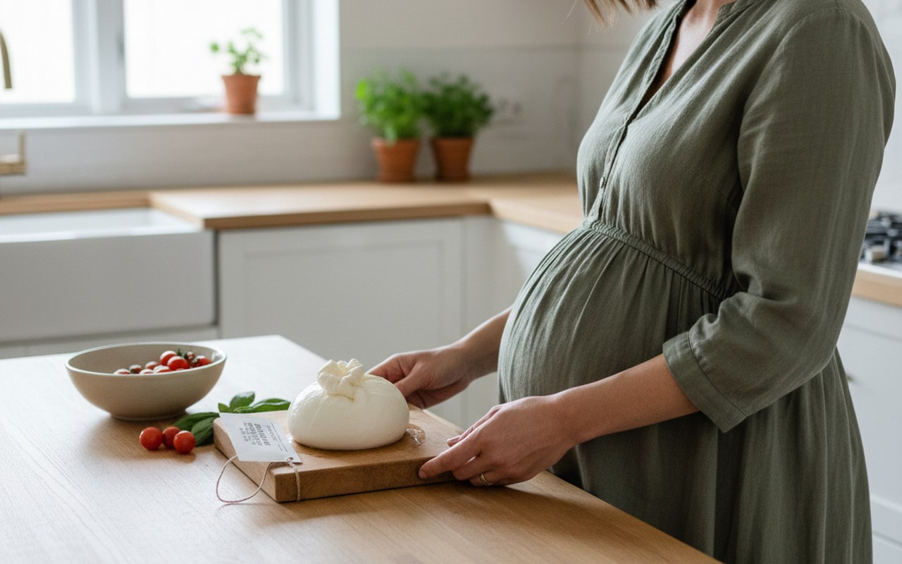 Femme enceinte vérifiant une burrata avec étiquette 'lait pasteurisé' dans une cuisine moderne.