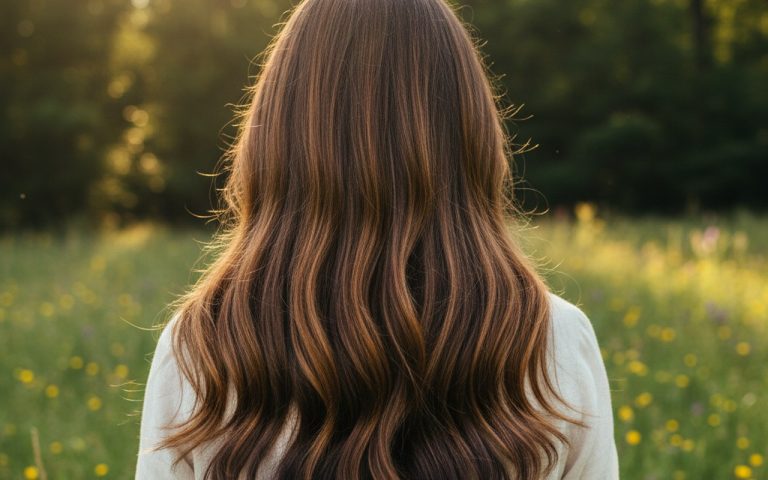 Femme avec des cheveux bruns aux nuances variées dans un cadre naturel lumineux.