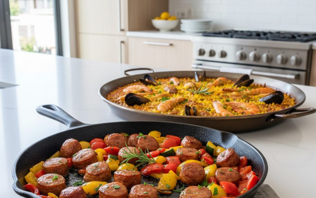 Plat de chorizo cuit avec légumes colorés en cuisine moderne.