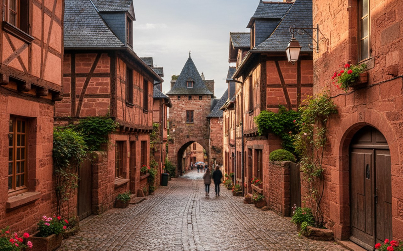 Ruelle de Collonges-la-Rouge avec maisons en grès rouge et ambiance médiévale