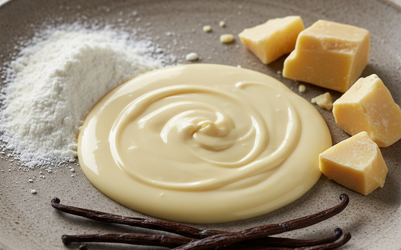 Chocolat blanc fondant avec ingrédients comme lait en poudre et vanille.