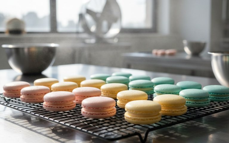 Coques de macarons vides refroidissant sur une grille dans un laboratoire de pâtisserie.
