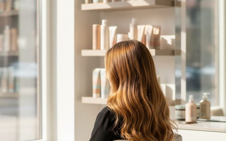 Femme avec des cheveux caramel lumineux dans un salon de coiffure