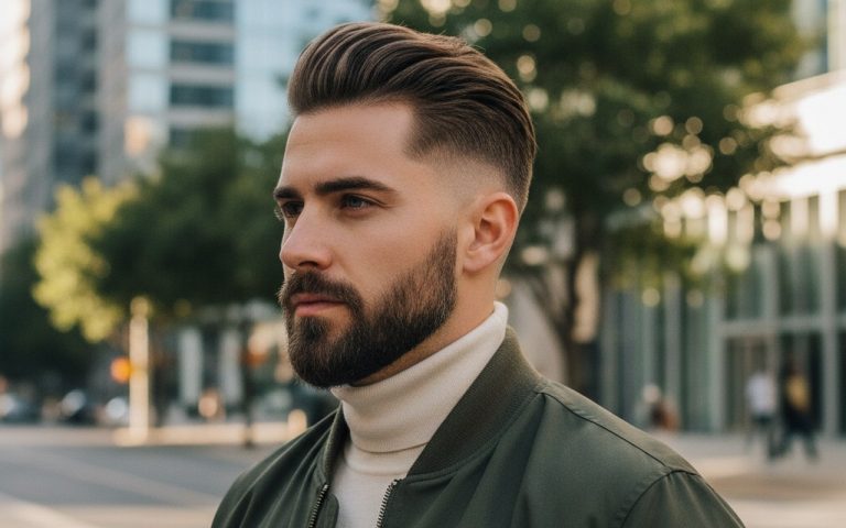 Homme avec une coupe de cheveux dégradée dans un cadre urbain moderne