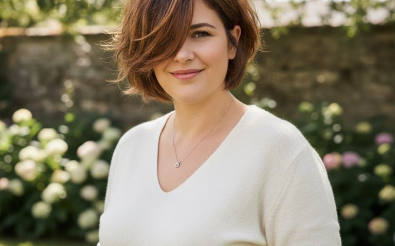 Femme avec une coupe de cheveux asymétrique qui affine un visage rond avec double menton.