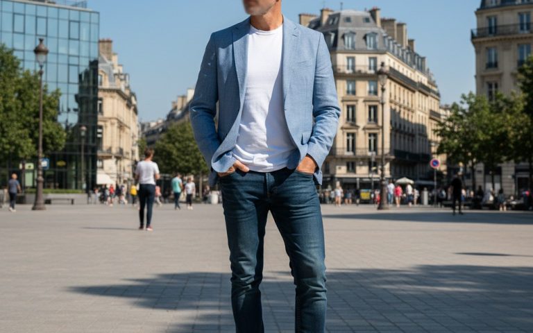 Homme élégant avec cheveux gris et coupe moderne dans un cadre urbain.