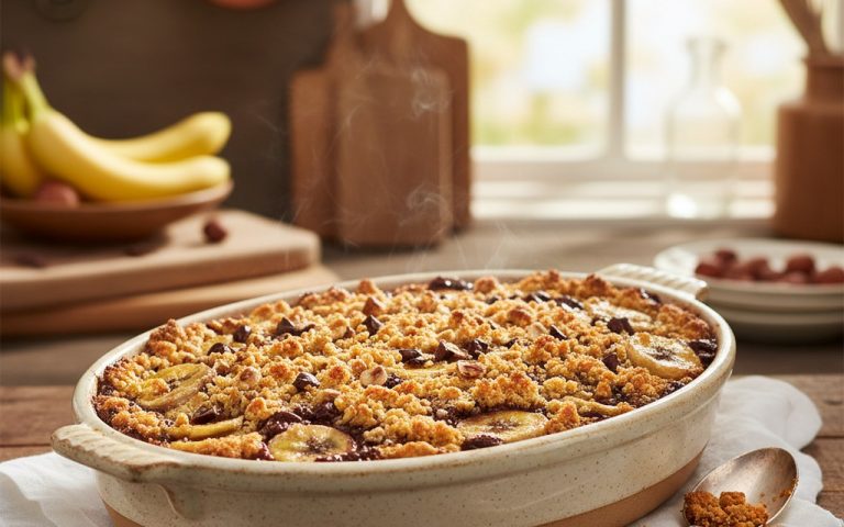 Crumble banane chocolat doré dans un plat en céramique, avec bananes et chocolat fondant.