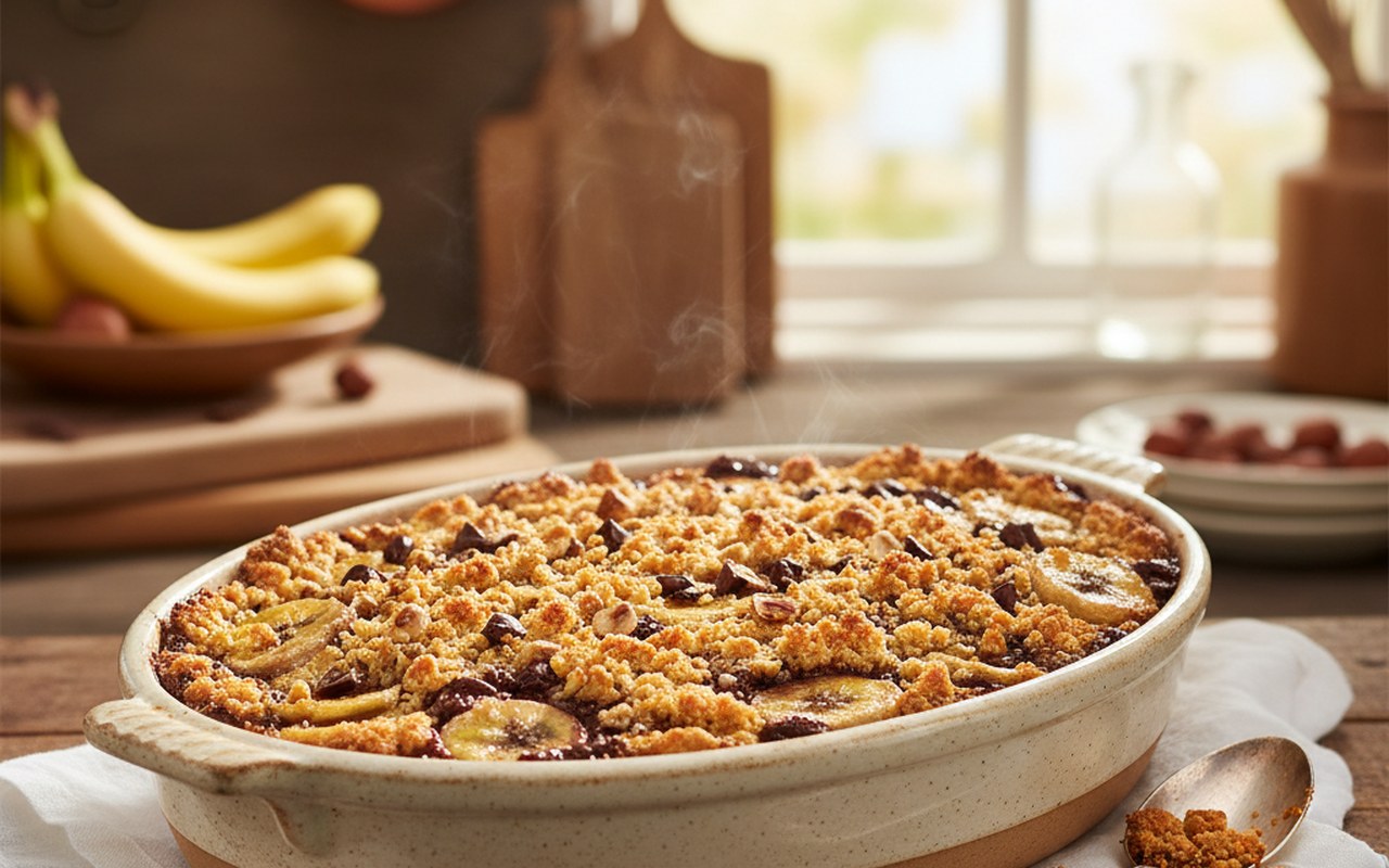 Crumble banane chocolat doré dans un plat en céramique, avec bananes et chocolat fondant.