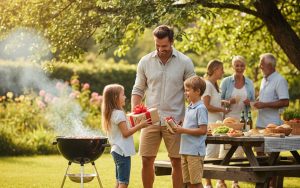 Célébration de la fête des Pères en famille autour d'un barbecue en plein air.