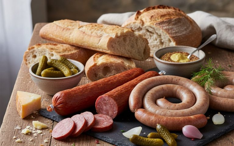 Table de charcuterie avec saucisses de Francfort et Strasbourg, pain et condiments.