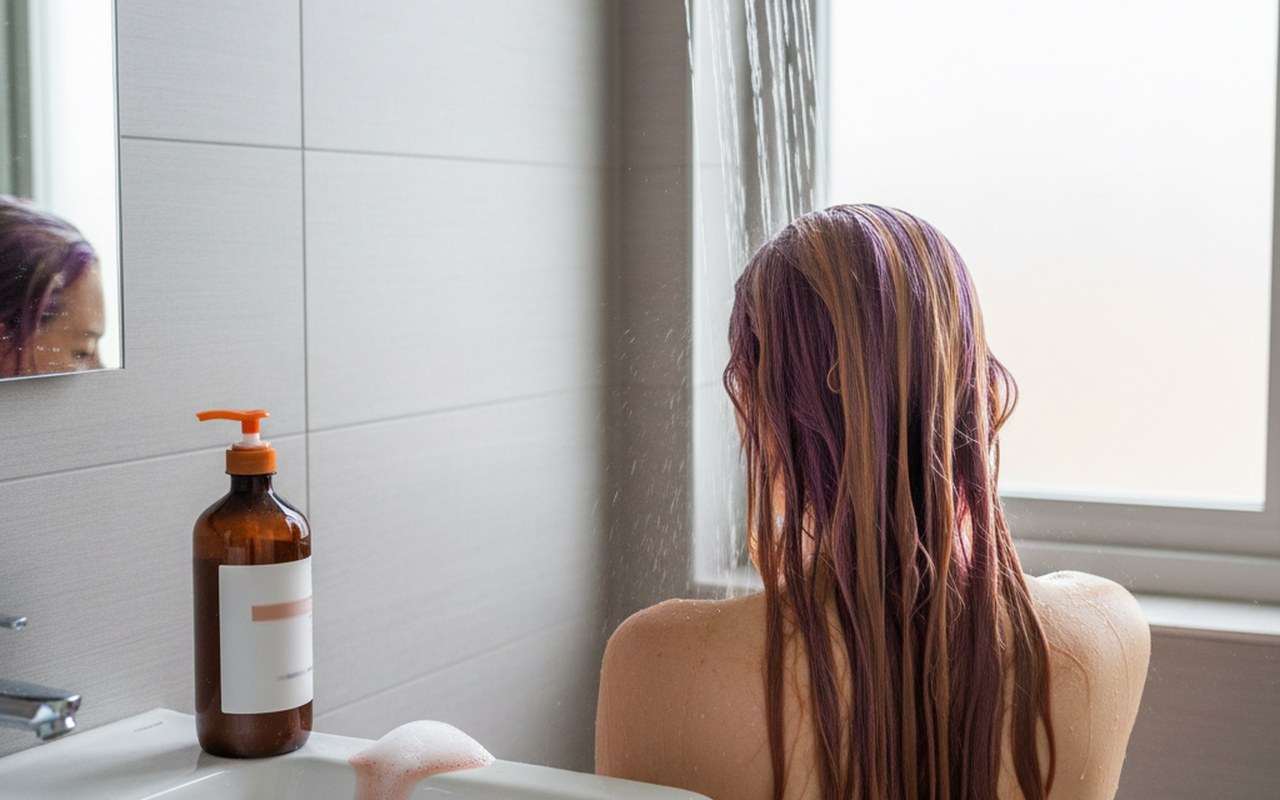 Personne se lavant les cheveux avec bétadine dans une salle de bain.
