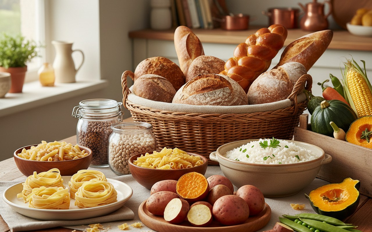 Table de cuisine avec une variété de féculents : riz, pâtes, pain, légumineuses et tubercules.