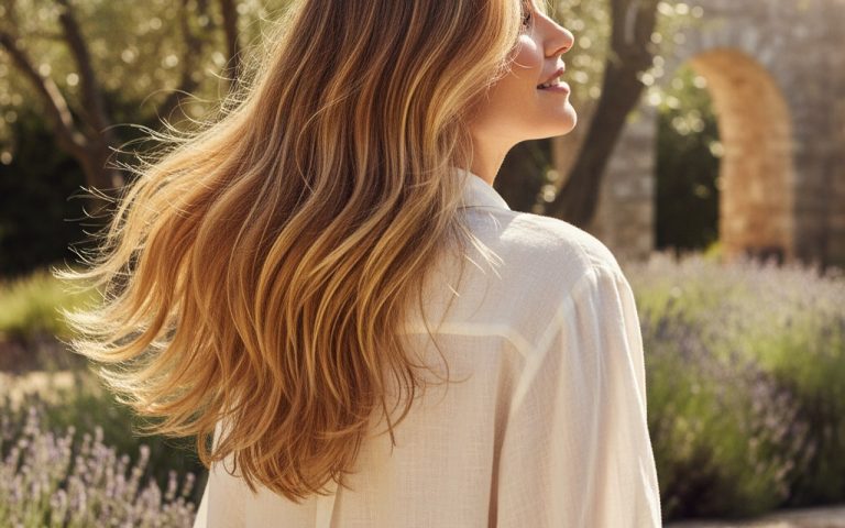 Femme avec des cheveux longs et dégradés dans un cadre naturel lumineux.