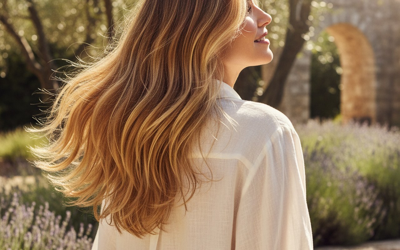 Femme avec des cheveux longs et dégradés dans un cadre naturel lumineux.