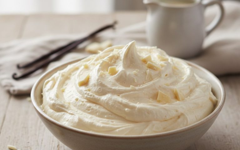 Ganache montée au chocolat blanc dans un bol avec des ingrédients en arrière-plan.