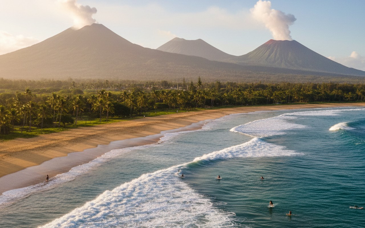 Plage de Hawaï avec surfeurs et volcans en arrière-plan.