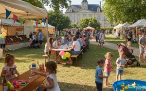 Scène de kermesse animée avec des enfants et des familles profitant des jeux et des animations.