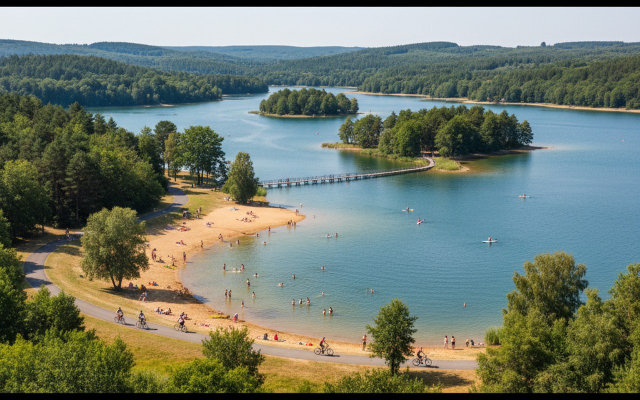 Vue panoramique du lac de la Madine avec plages et activités de loisirs.