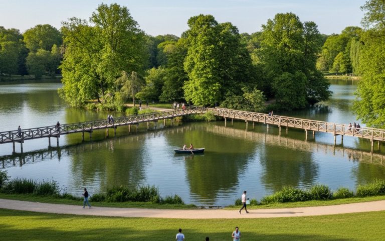 Vue paisible du lac des Minimes avec passerelles et îles, entouré de verdure.