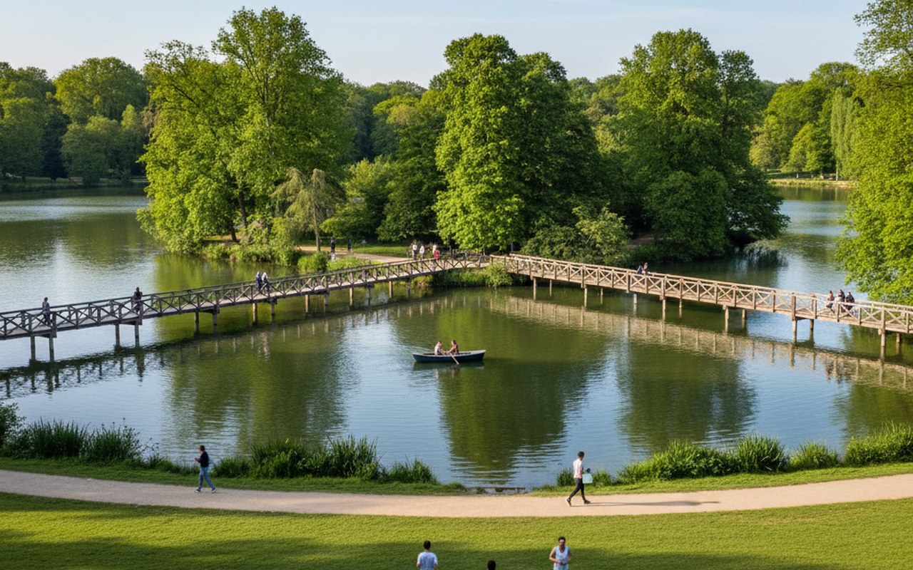 Vue paisible du lac des Minimes avec passerelles et îles, entouré de verdure.