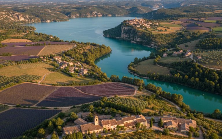 Vue panoramique du lac de Sainte-Croix avec ses eaux turquoise et les paysages provençaux environnants.