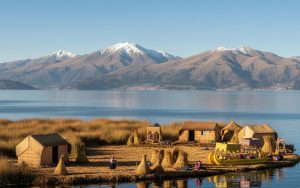 Vue panoramique du lac Titicaca avec ses îles et les Andes en arrière-plan