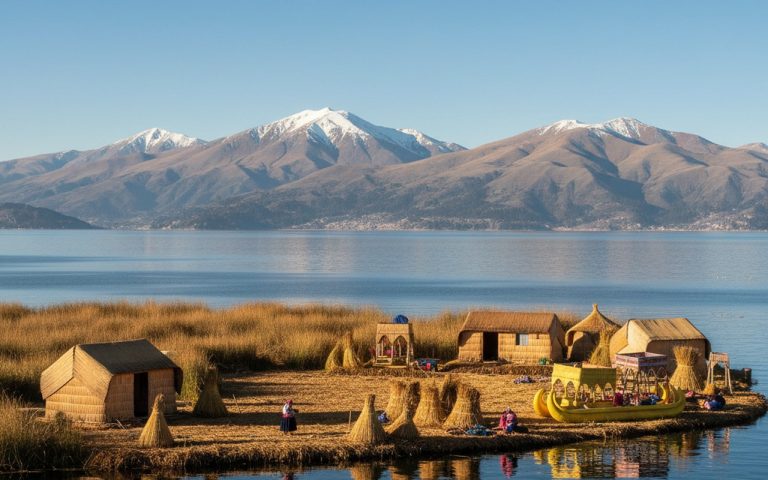 Vue panoramique du lac Titicaca avec ses îles et les Andes en arrière-plan