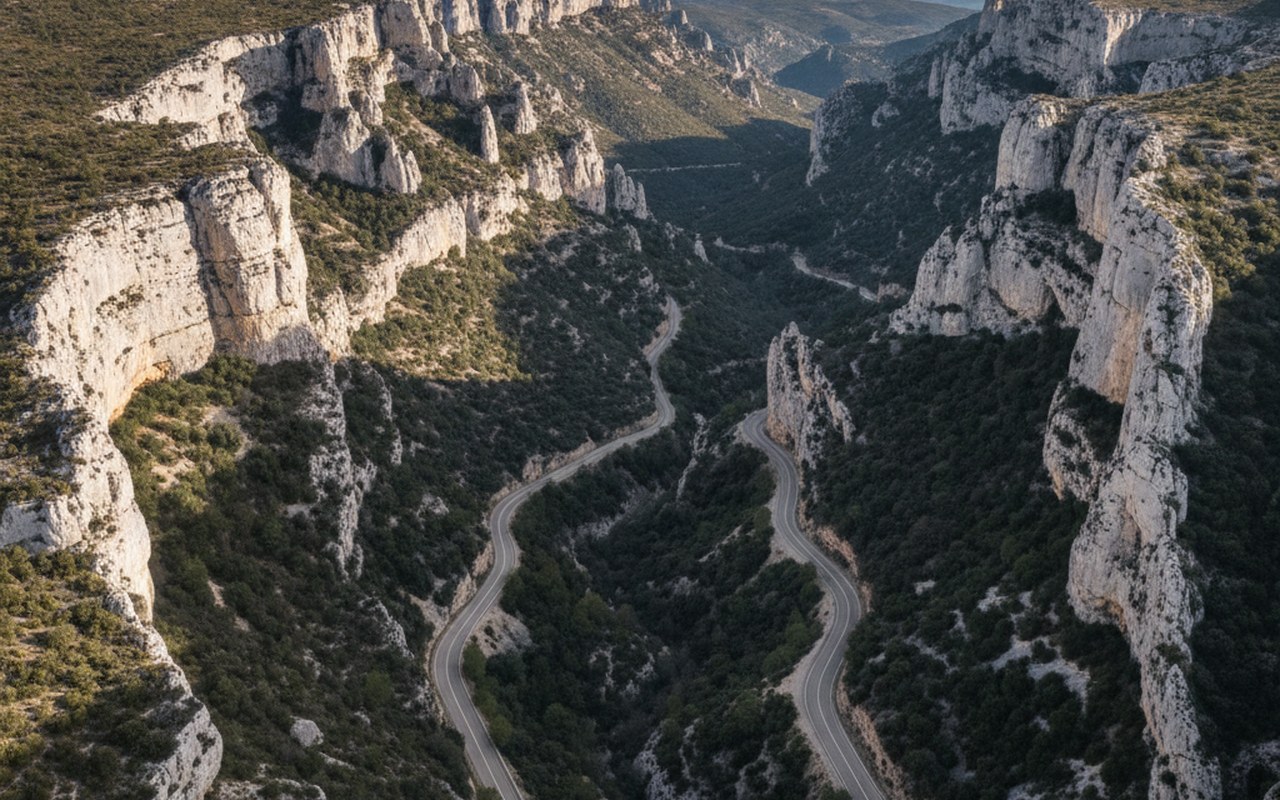 Vue panoramique des Gorges de la Nesque avec falaises de calcaire et route D942.