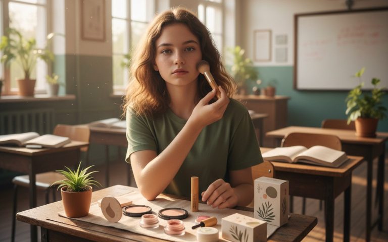 Adolescente se maquillant légèrement dans une salle de classe, produits naturels autour d'elle.