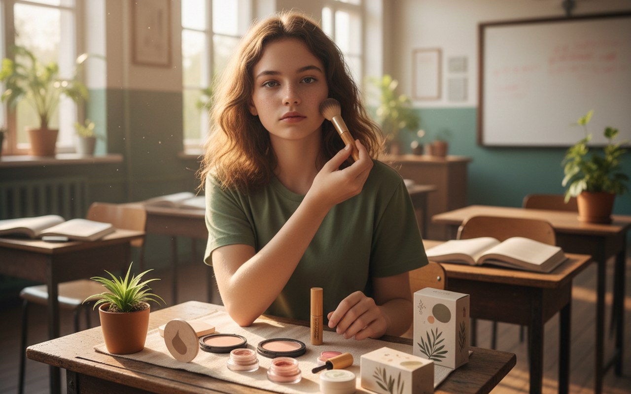 Adolescente se maquillant légèrement dans une salle de classe, produits naturels autour d'elle.
