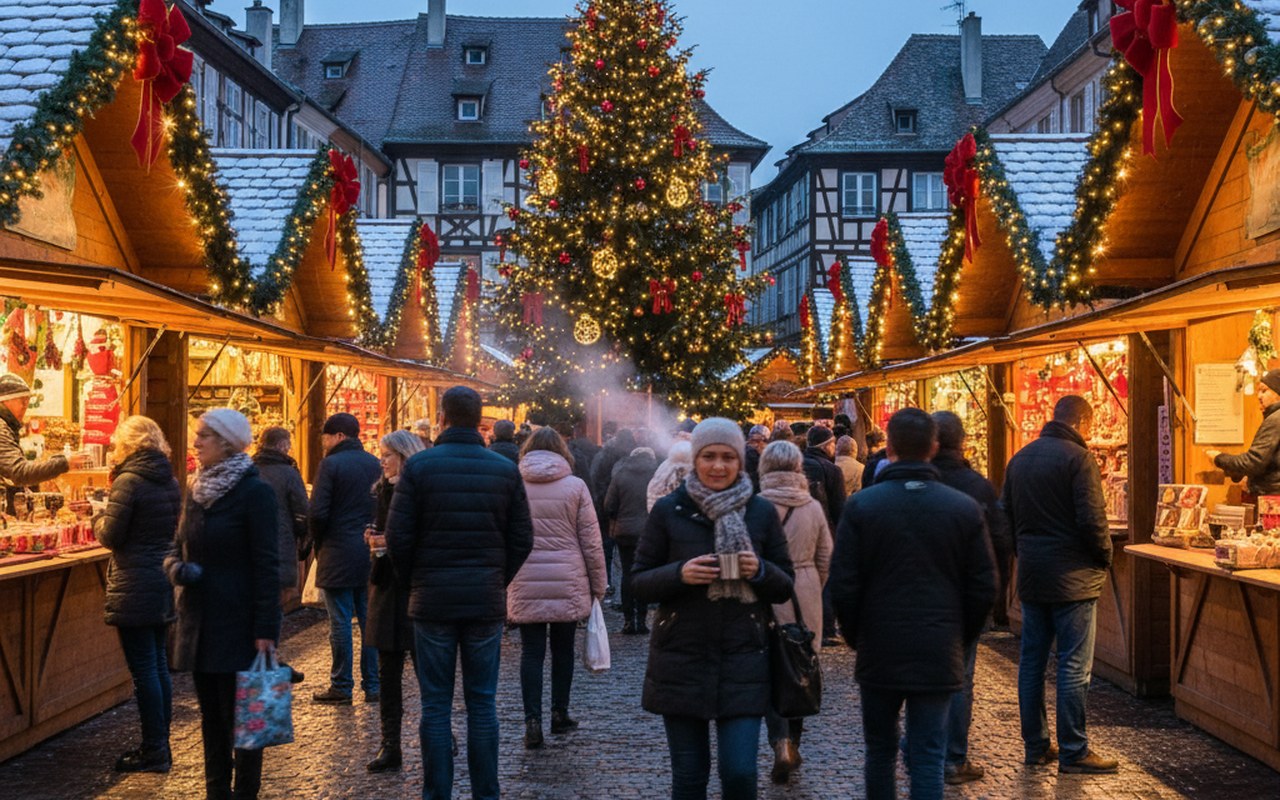 Marché de Noël en Alsace avec chalets illuminés et ambiance festive.