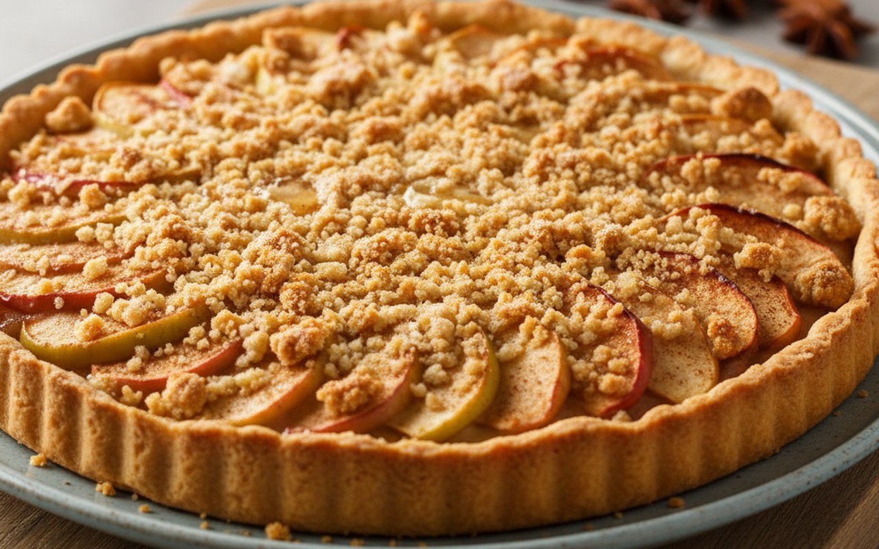 Streusel croustillant sur une tarte aux pommes, mettant en valeur la texture dorée et les fruits de saison.