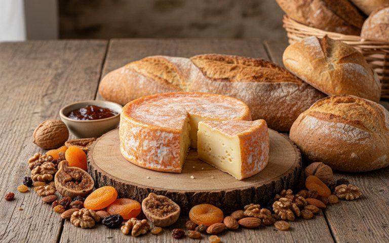 Planche de fromage avec Munster AOP, fruits secs et pain sur une table en bois.