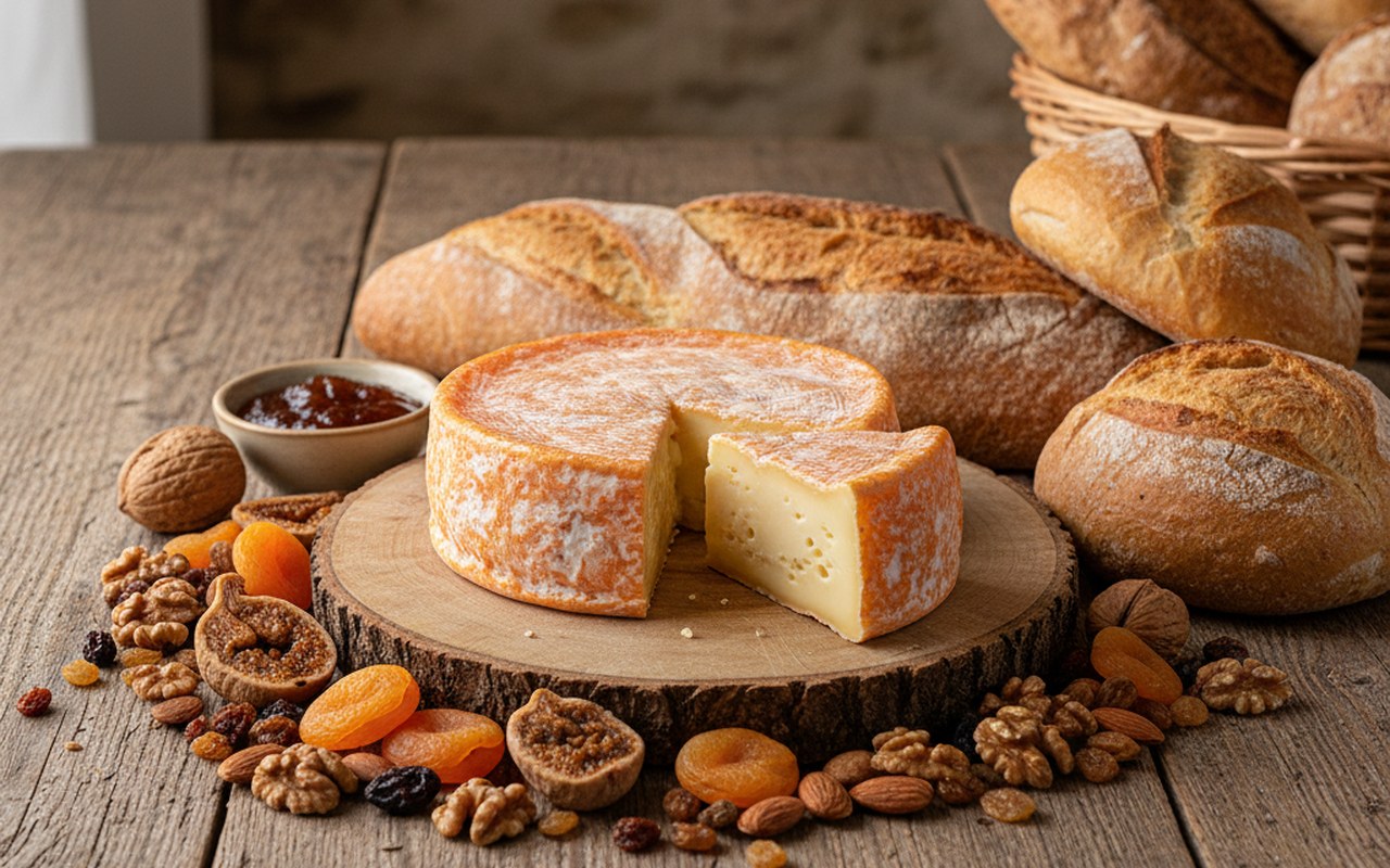 Planche de fromage avec Munster AOP, fruits secs et pain sur une table en bois.