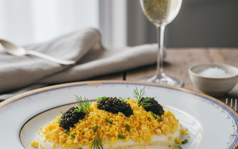 Plat d'œufs mimosa gastronomiques avec caviar et herbes fraîches.