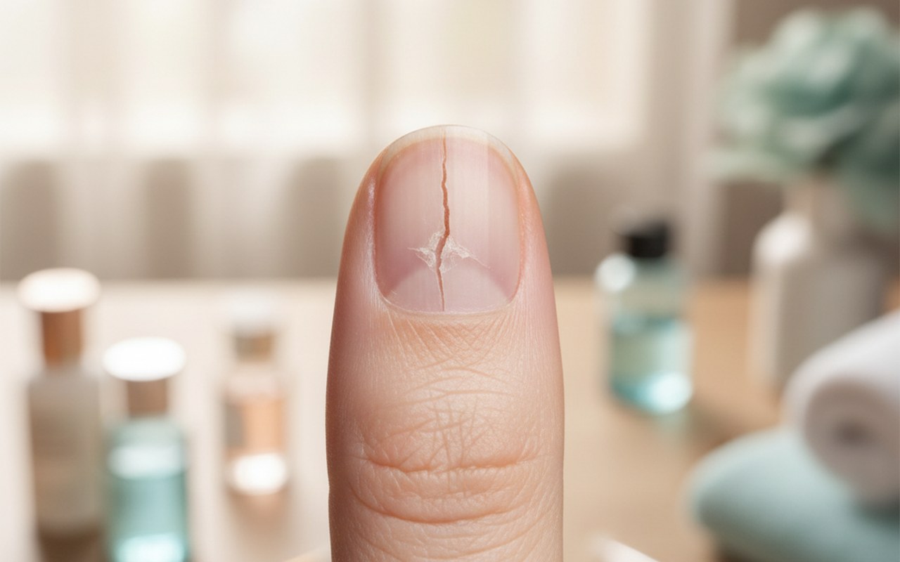 Gros plan d'un ongle fendu verticalement, illustrant la fragilité des ongles.