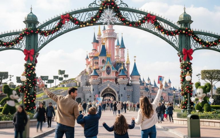 Une famille entrant dans Disneyland Paris, prête pour une journée magique.