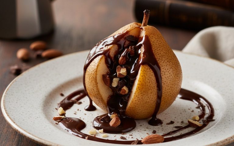 Poire farcie au chocolat et amandes, présentée avec une sauce chocolat.