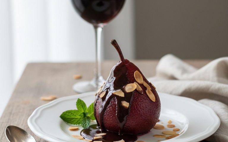 Poire pochée au vin rouge avec sauce chocolat et amandes effilées, dessert élégant.