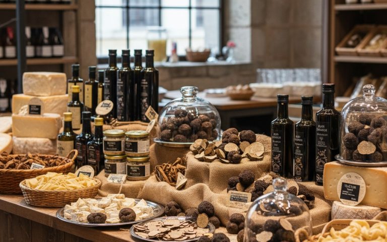 Marché de truffes avec truffes noires et blanches, produits gastronomiques en arrière-plan.