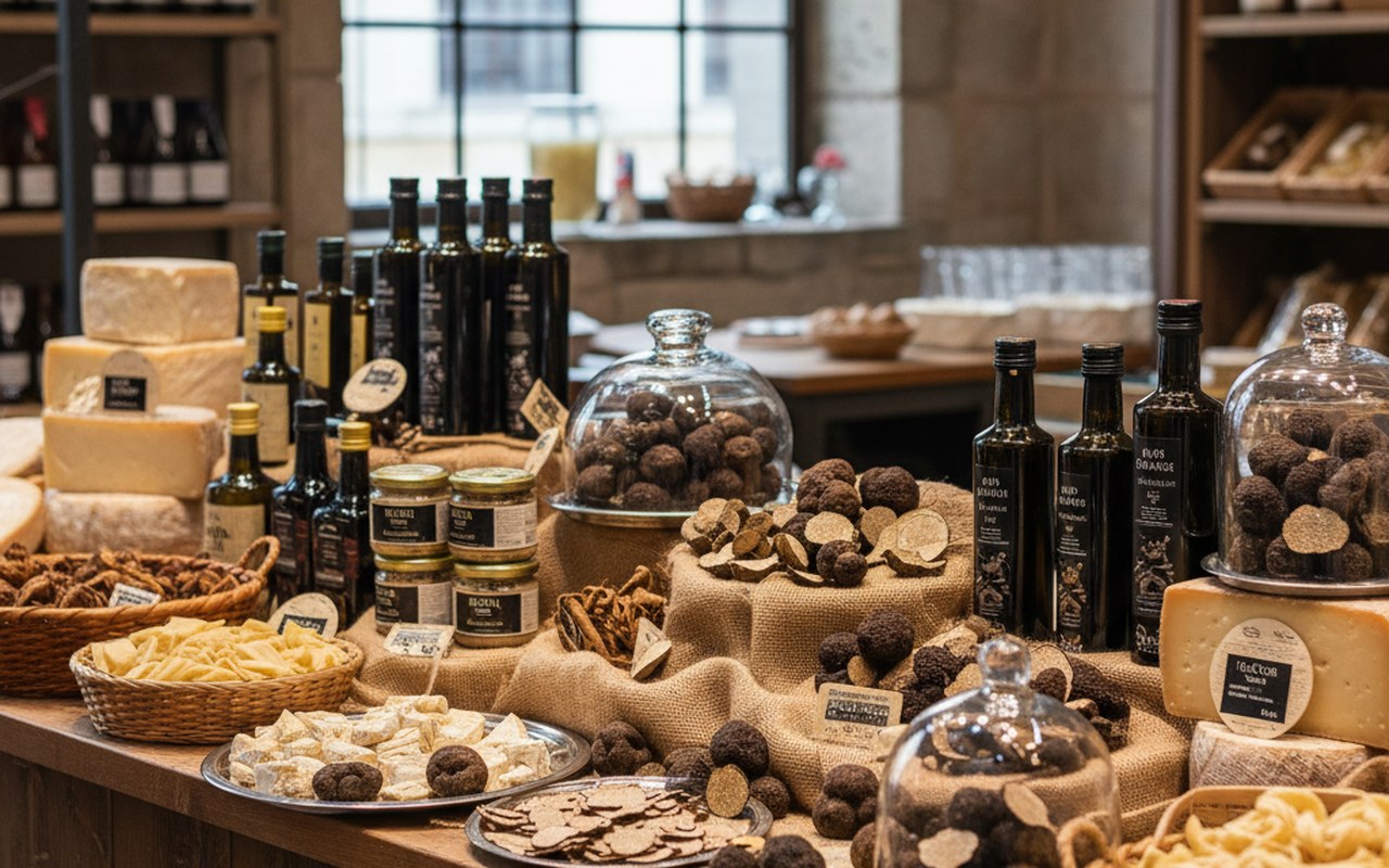 Marché de truffes avec truffes noires et blanches, produits gastronomiques en arrière-plan.