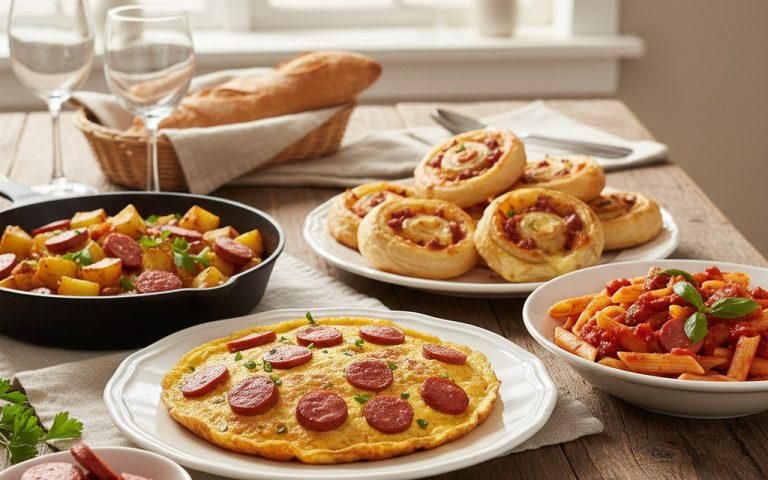 Table de cuisine avec des plats variés à base de Knacki, incluant omelette et poêlée de pommes de terre.