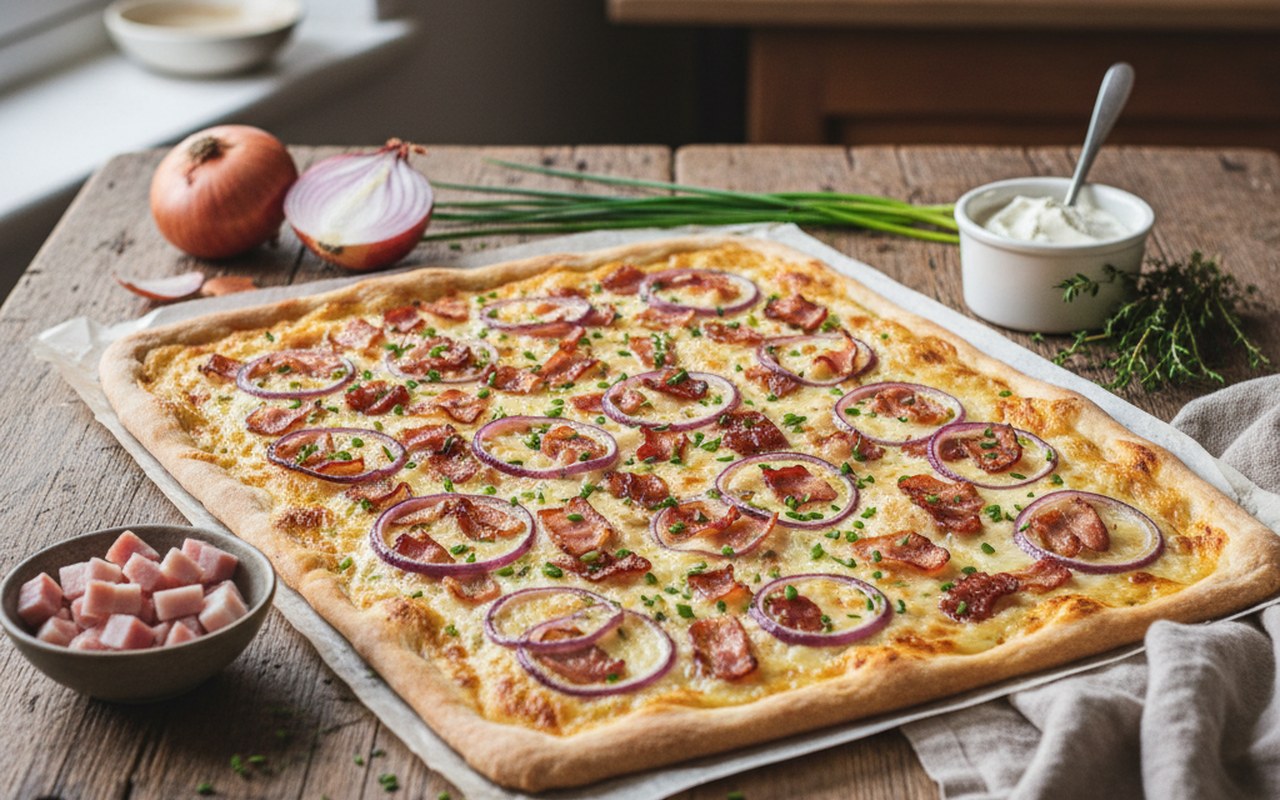 Tarte flambée maison garnie de lardons et oignons sur une table en bois.