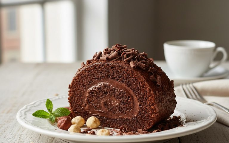 Roulé au chocolat tranché avec garniture chocolatée et éclats de chocolat sur assiette.