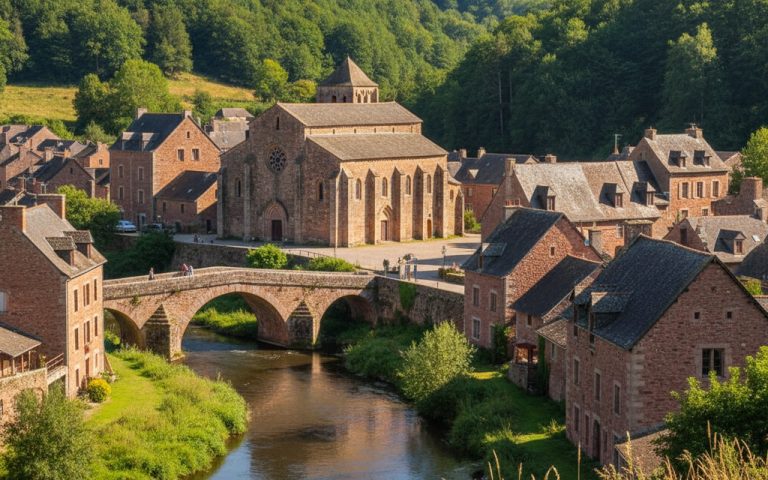 Vue panoramique de Saint-Céneri-le-Gérei avec église romane et pont sur la Sarthe.